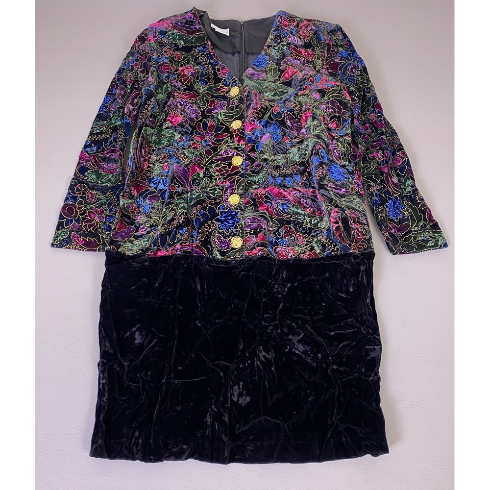 Vintage KC Spencer Velvet Dress Women's Size 12 Floral Gold Metallic Burnout 80s